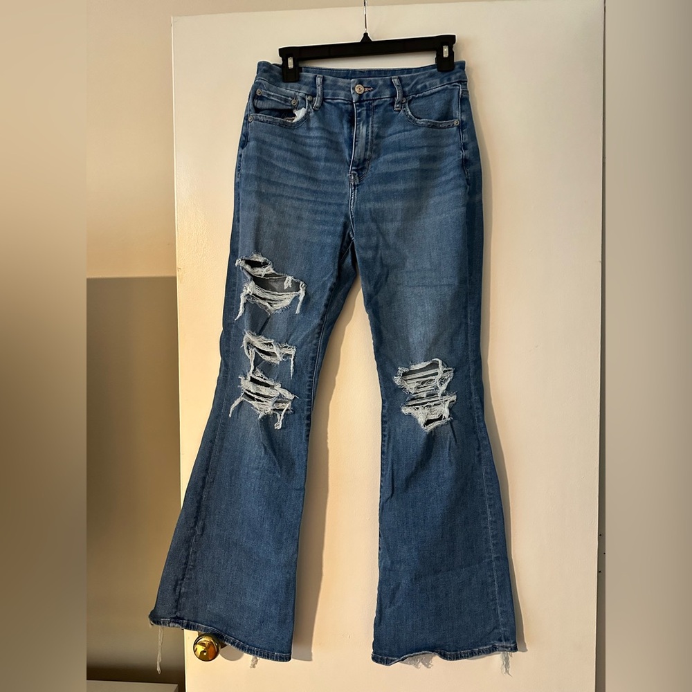 American Eagle Outfitters Dark Blue Distressed Flare Jeans